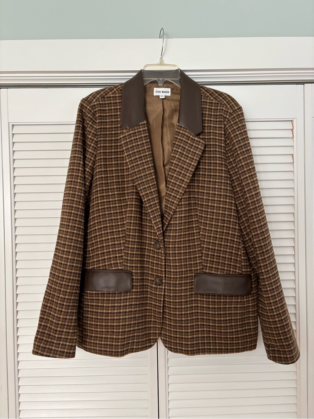 Steve Madden Brown Plaid Blazer with Dark Brown Faux Leather Trim